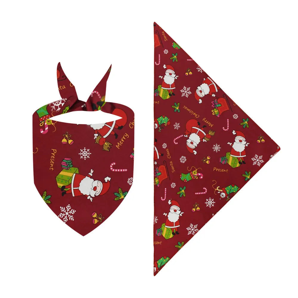 Dark red Christmas pet bandana with holiday motifs