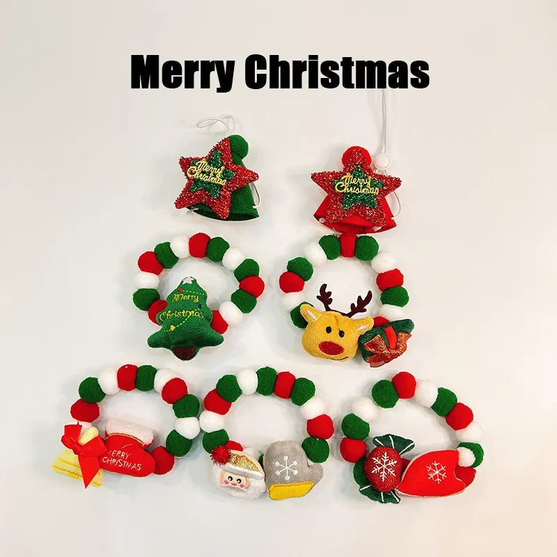 Collage of Christmas pet collars and hats with festive holiday designs