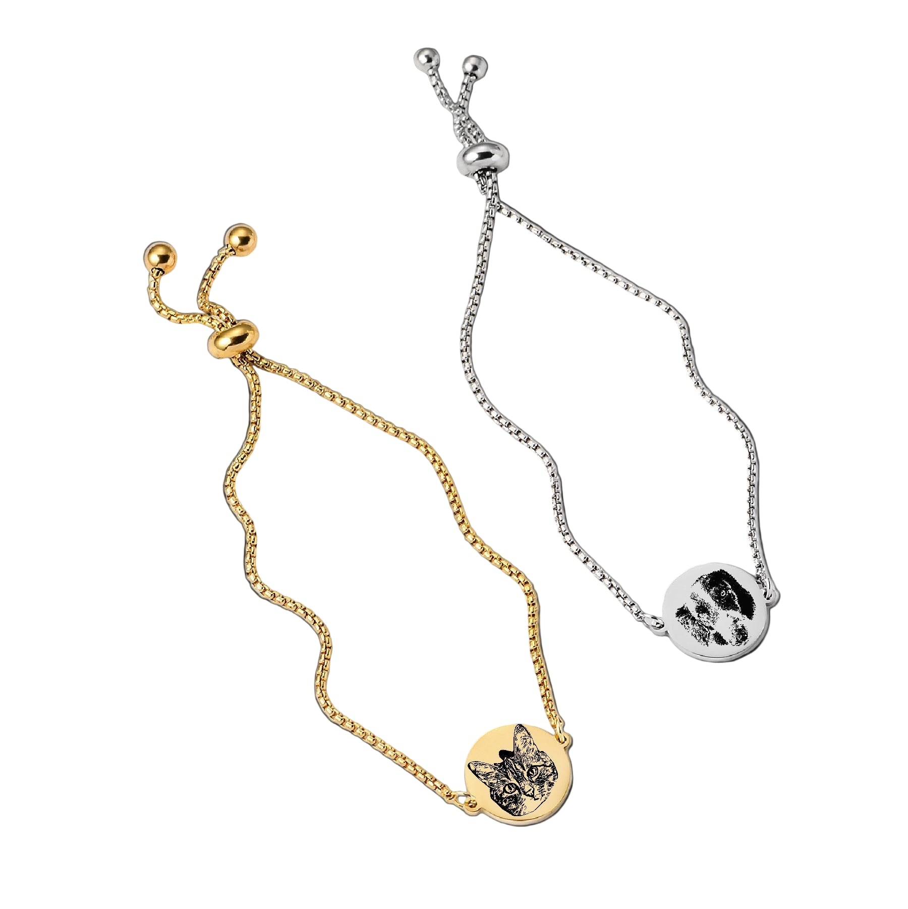 Assorted gold and silver pet face bracelets with round pendants, long layout.