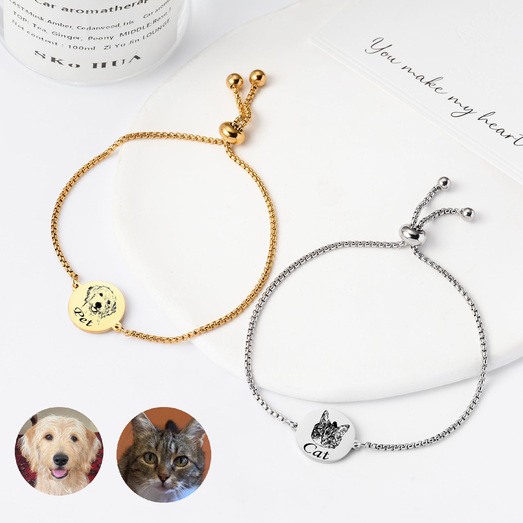 Custom preview of personalized pet face bracelet in gold and silver.