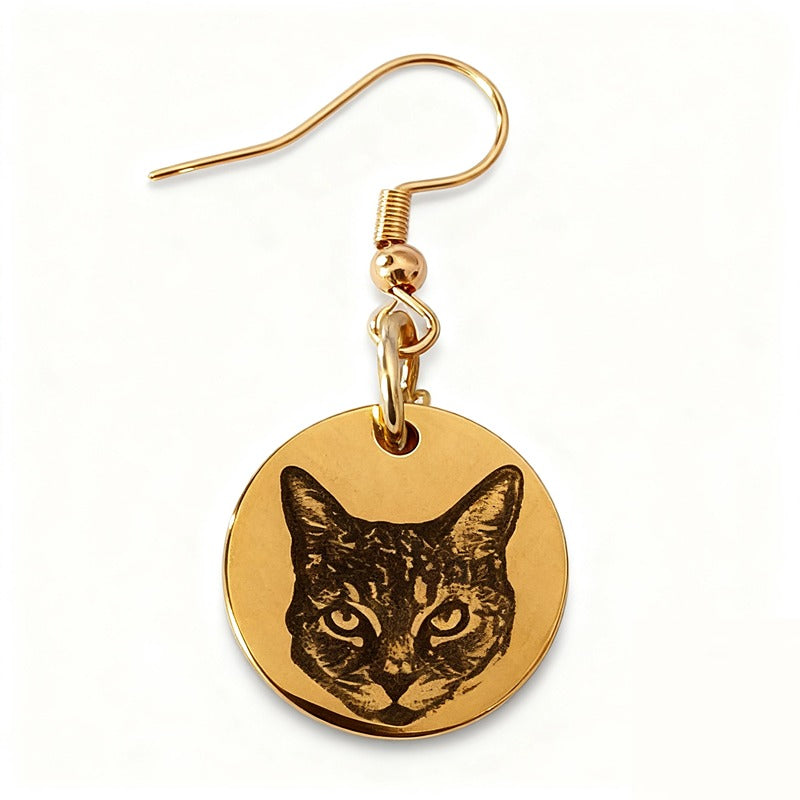 Personalized rose gold pet face earrings with engraved pet portrait