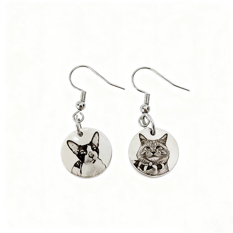 Custom silver pet face earrings with engraved pet portrait design