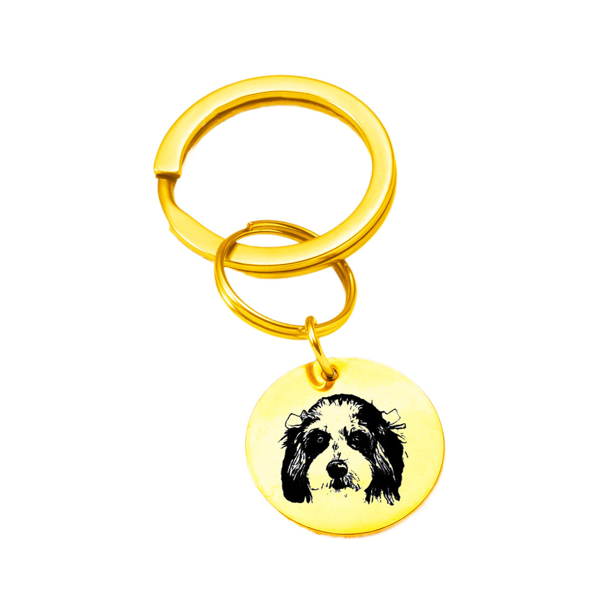 Custom pet face keychain with single gold pendant, engraved photo design.