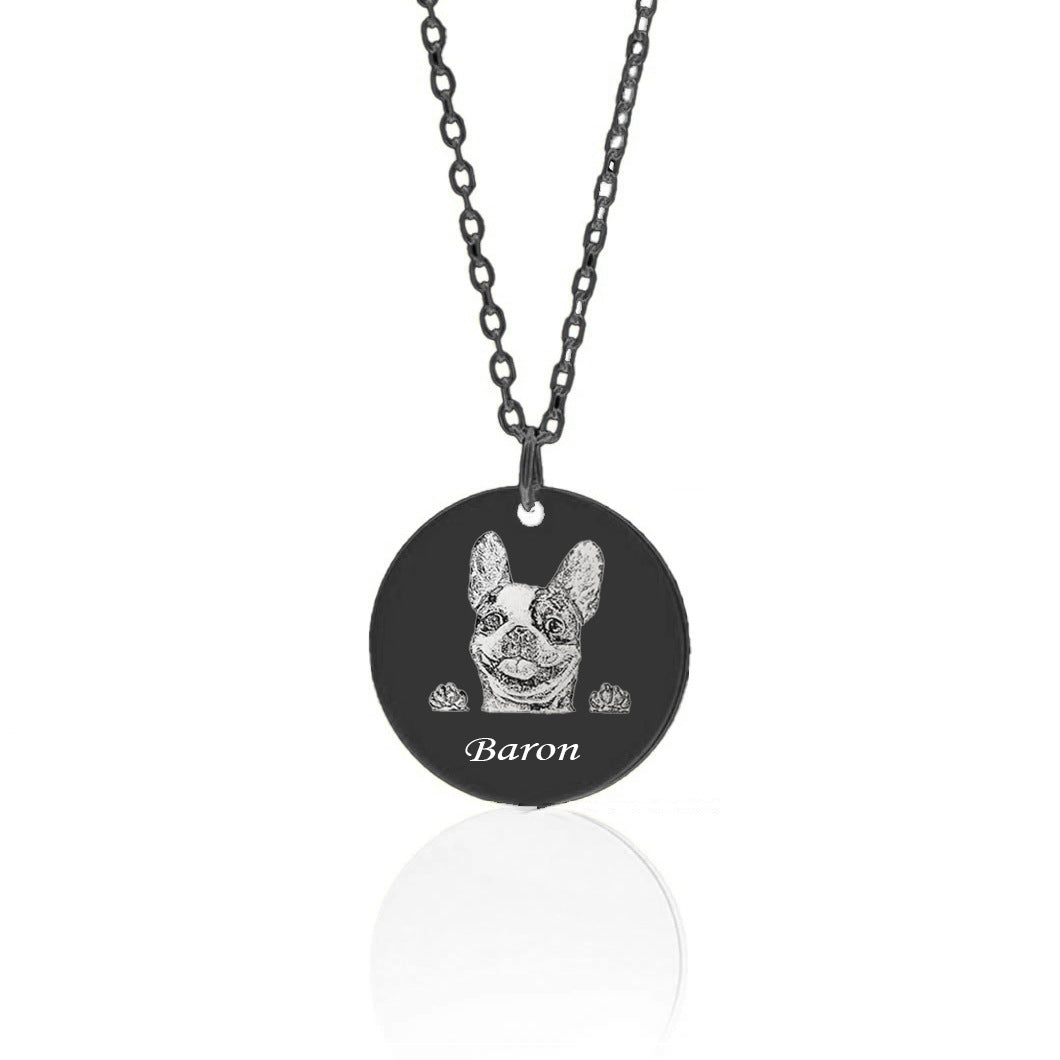 Personalized black pet face necklace with engraved pendant.