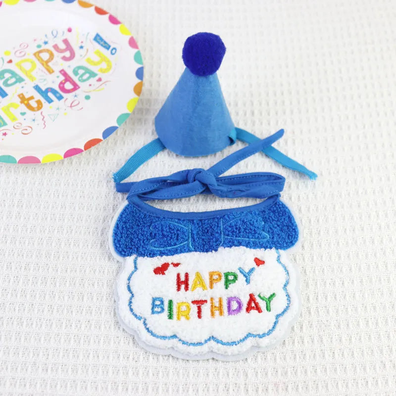 Blue birthday bib and party hat set for pets