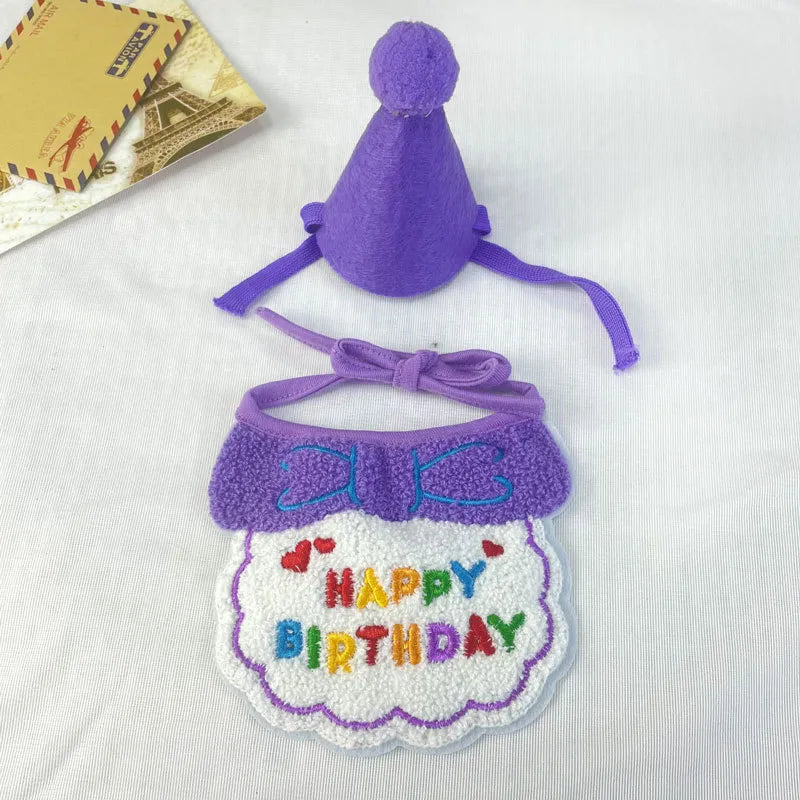 Purple birthday bib and party hat set for pets