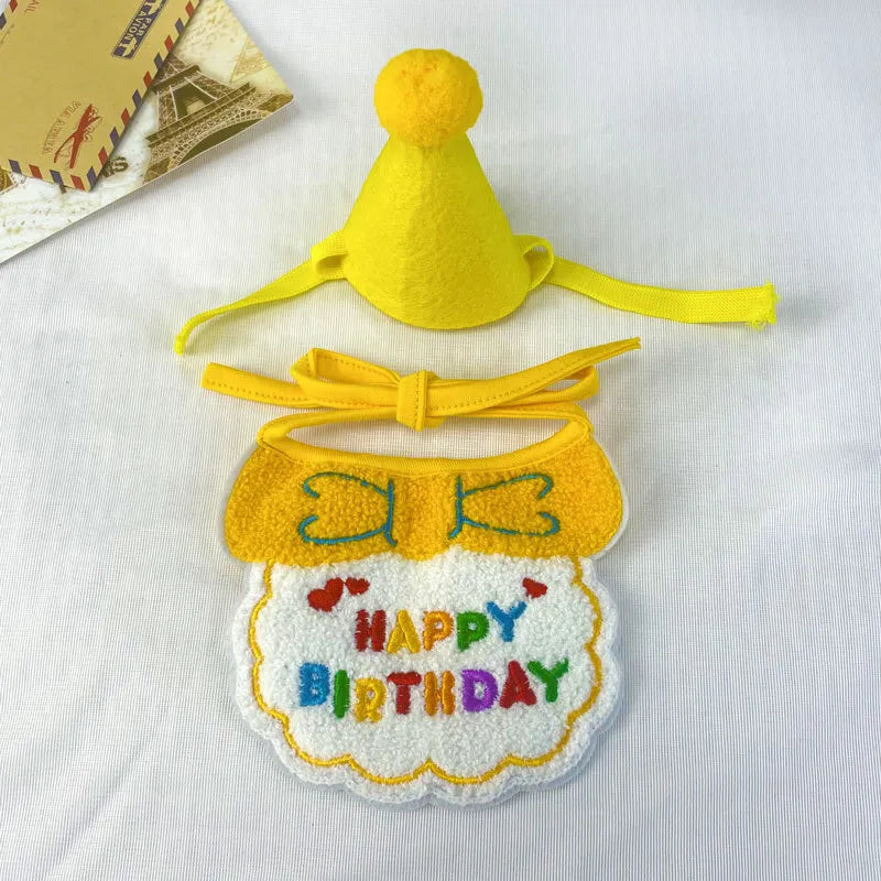 Yellow birthday bib and party hat set for pets