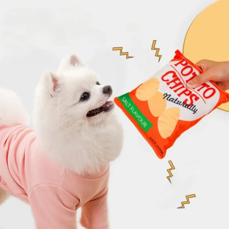 Dog biting potato chip bag plush toy