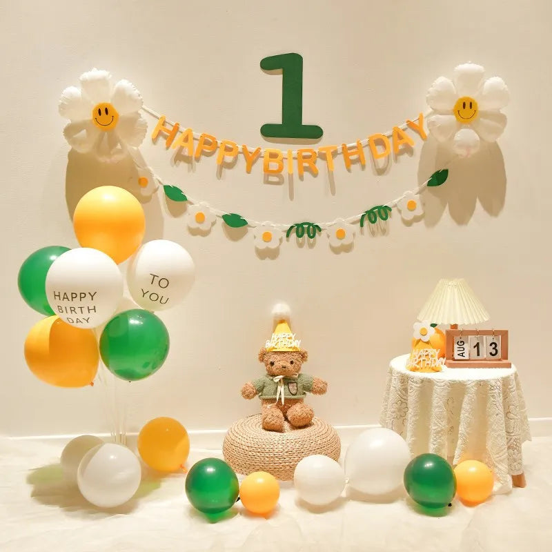 Green balloon column birthday backdrop set with number 1