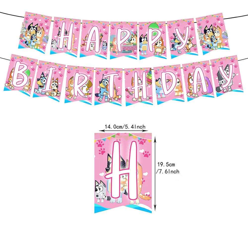 Pink dog birthday party banner set with decorative flags