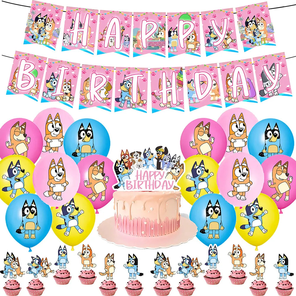 Pink dog birthday party decoration set with banner, cake topper, and balloons