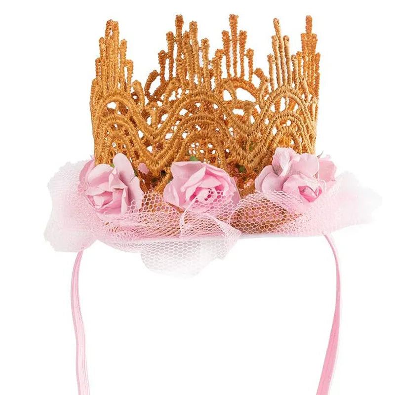 Pink floral pet birthday crown with lace trim