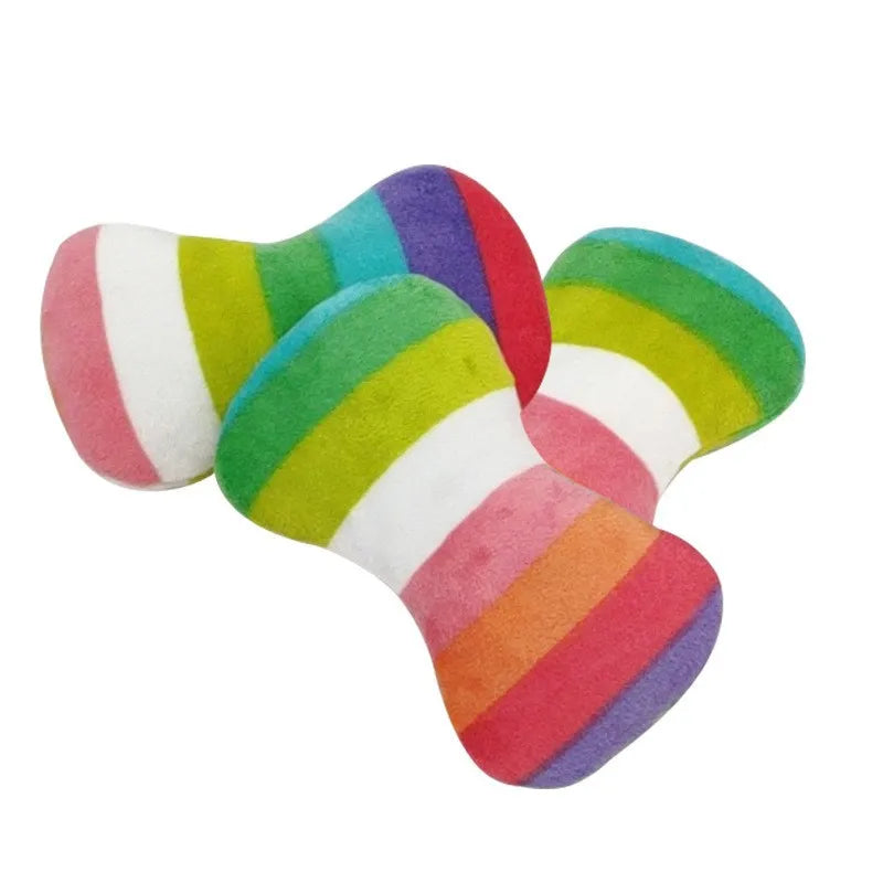 Pair of plush rainbow squeaky bone toys