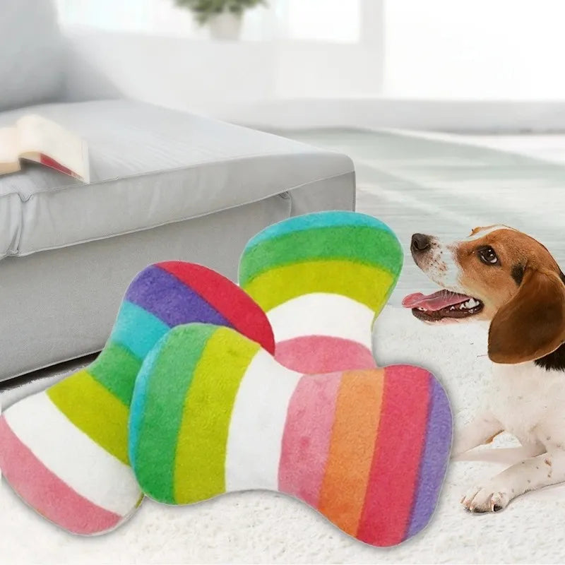 Rainbow squeaky bone toy on a cozy floor mat
