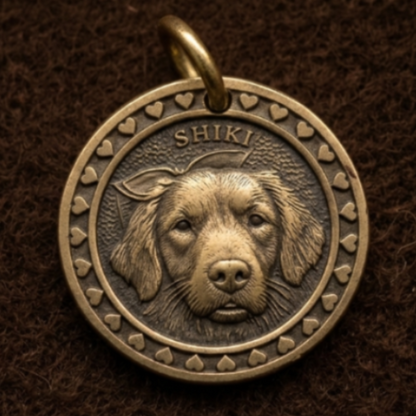 Custom 3D bronze pet relief pendant with heart border detail