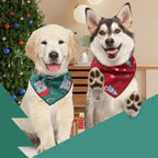 Two dogs wearing Christmas-themed bandanas in festive setup