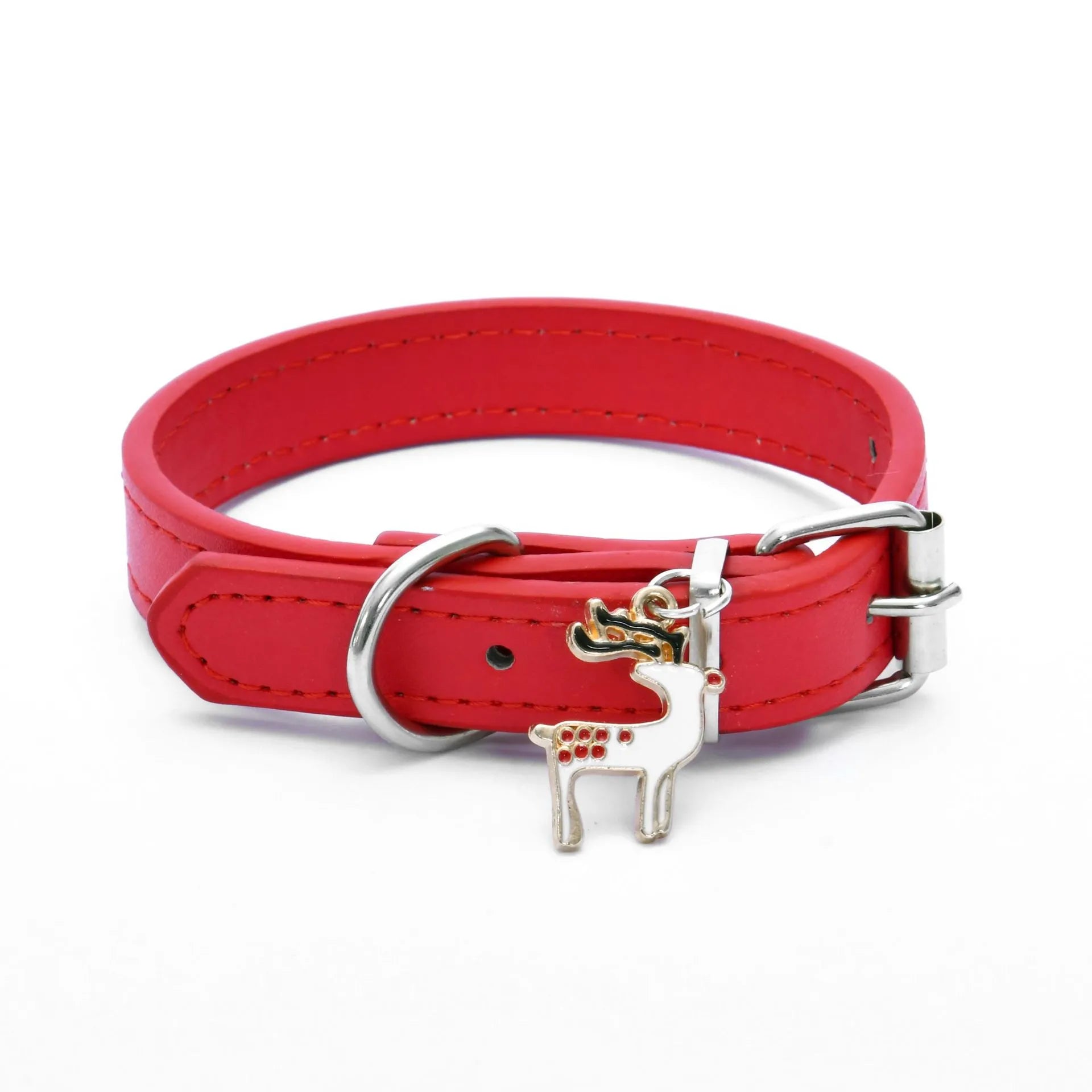 Red pet collar with white reindeer charm