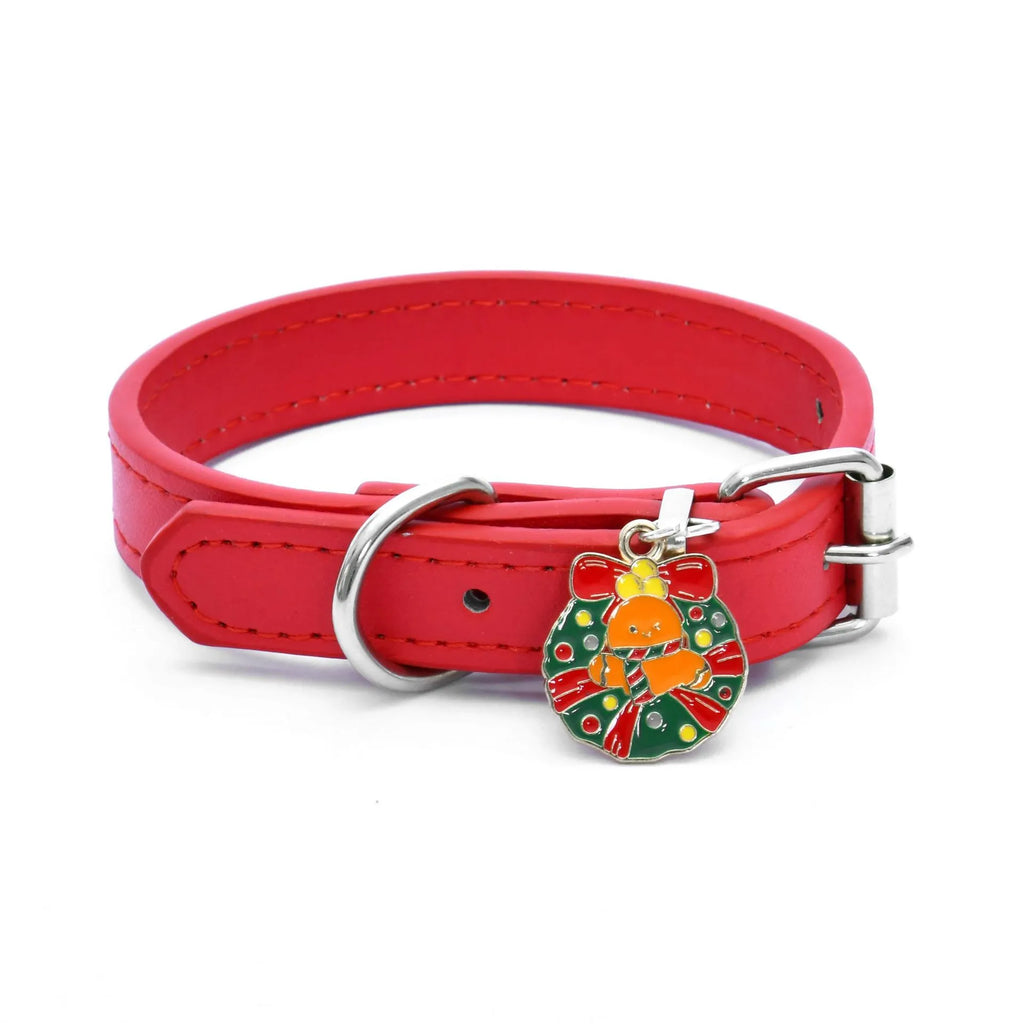 Red pet collar with Christmas wreath charm