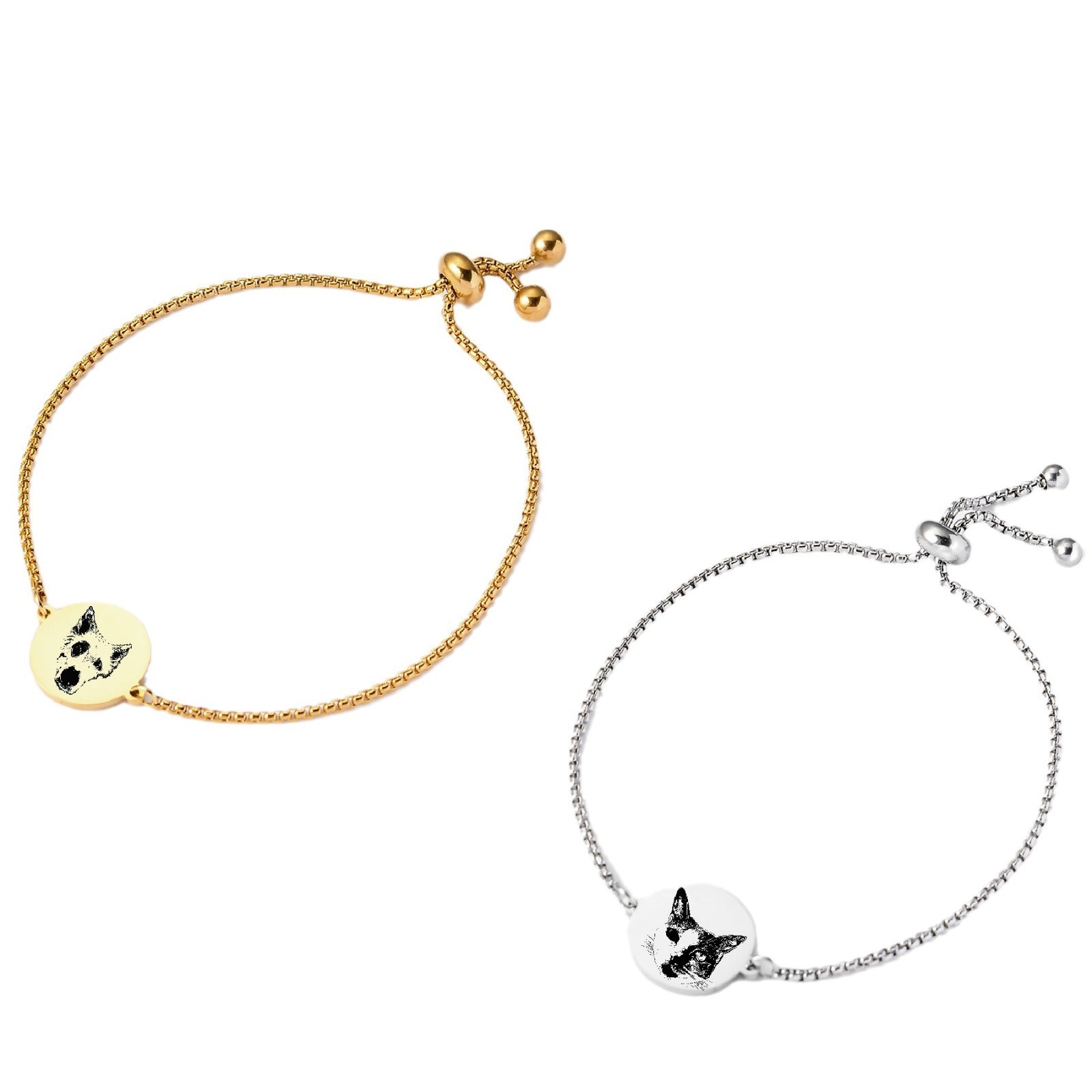 Flat lay of personalized pet face bracelets with round pendants in gold and silver.
