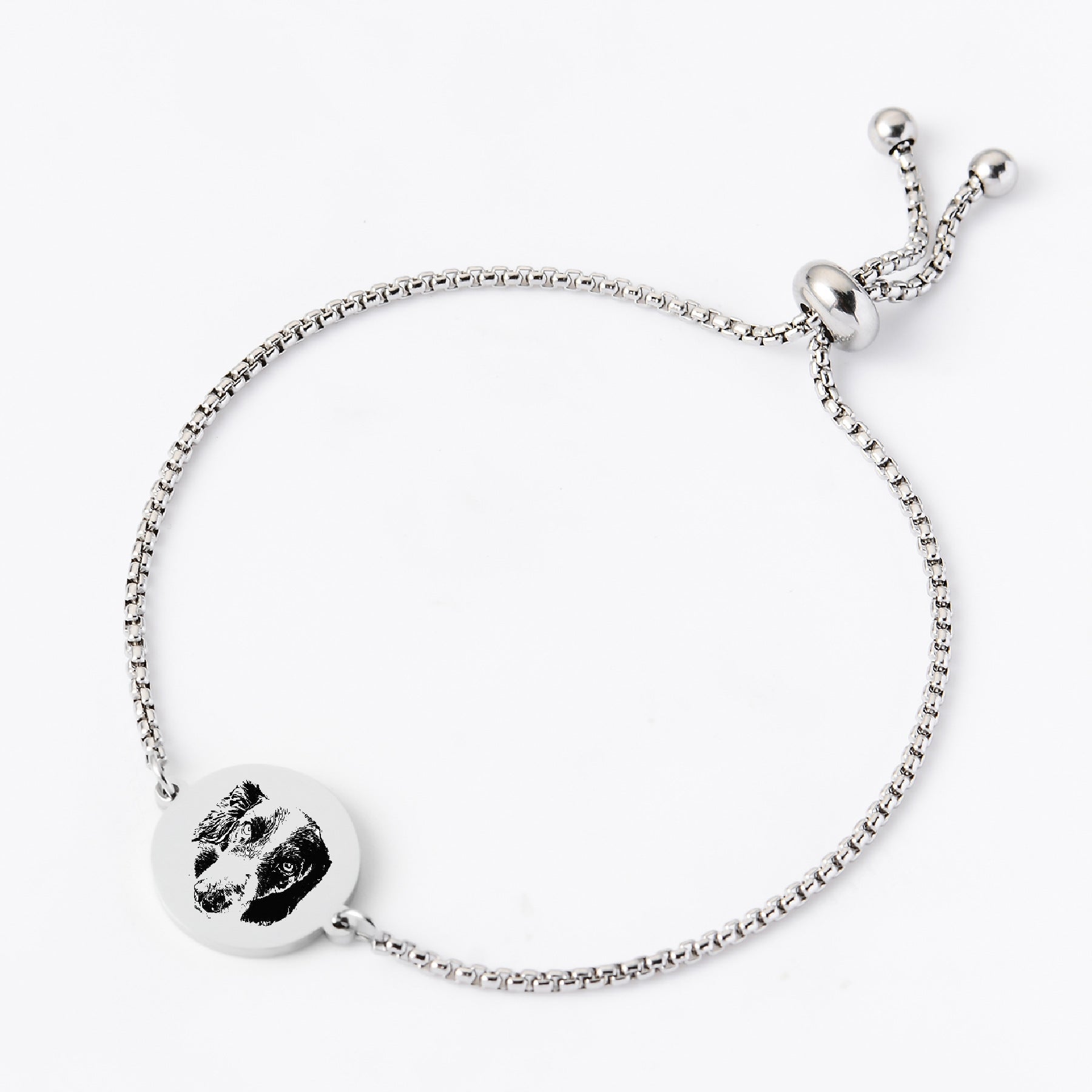 Silver custom pet face bracelet with round pendant.
