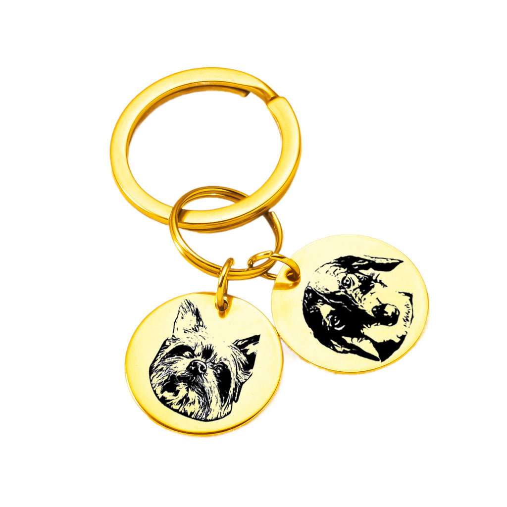 Double pendant gold pet face keychain, custom engraved with pet images.
