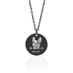 Personalized black pet face necklace with engraved pendant.
