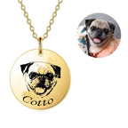 Custom gold pet face necklace featuring engraved pet portrait.
