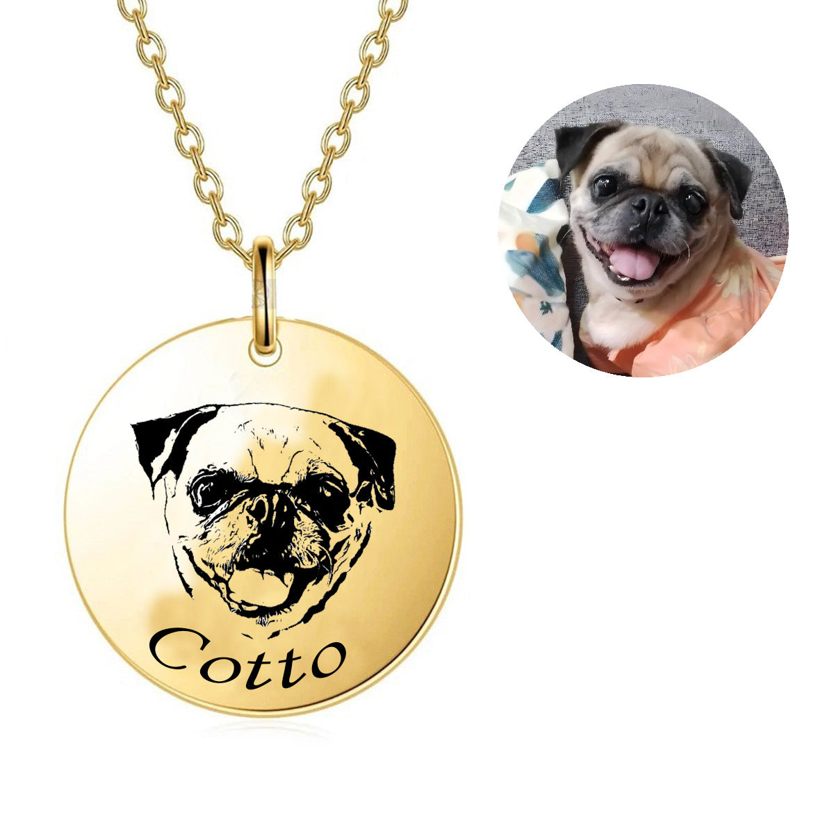 Custom gold pet face necklace featuring engraved pet portrait.
