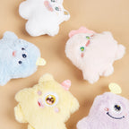 Close-up view of plush one-eyed pet toy in pastel colors
