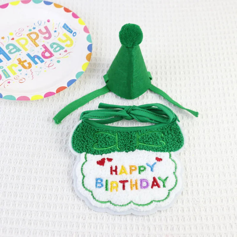 Green birthday bib and party hat set for pets