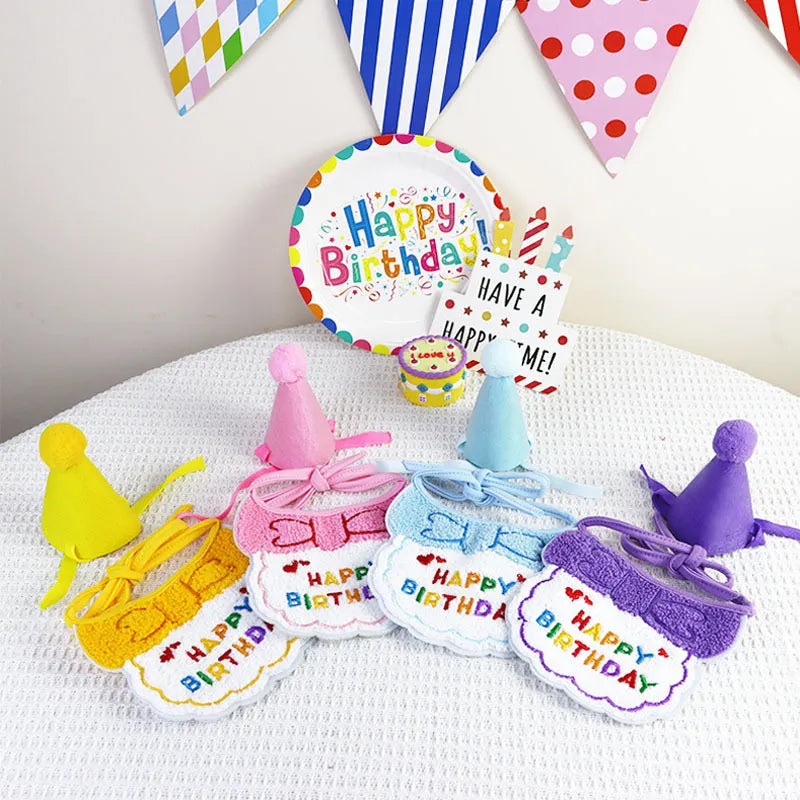 Multicolor birthday bib and hat sets flat lay