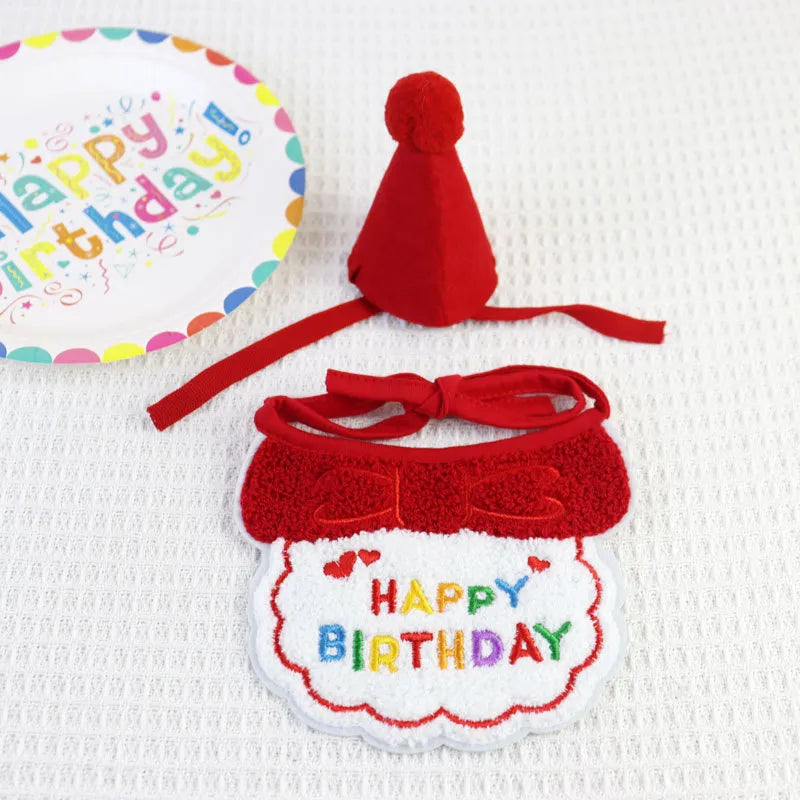 Red birthday bib and party hat set for pets