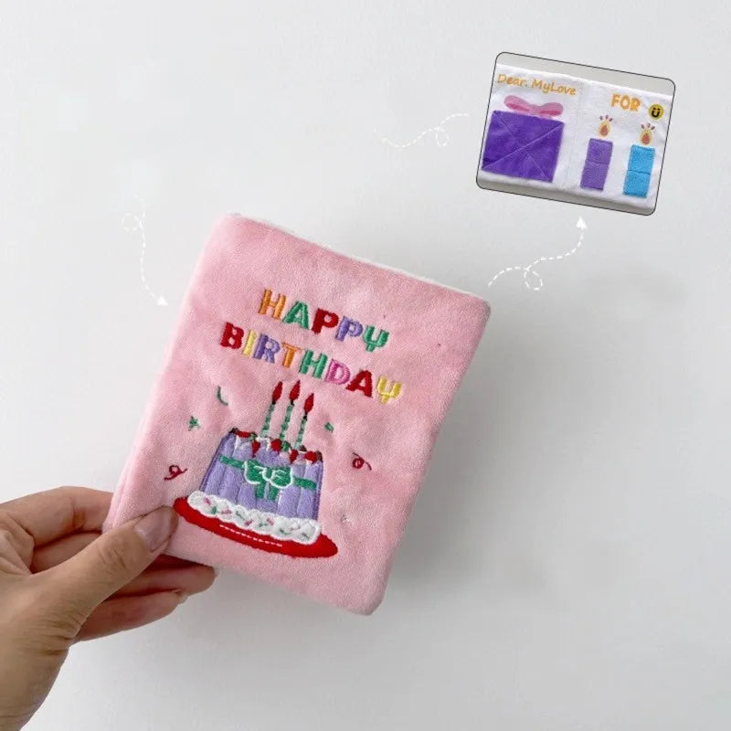 Pink birthday book snuffle plush toy for dogs