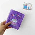 Close-up of violet birthday book snuffle plush toy for dogs
