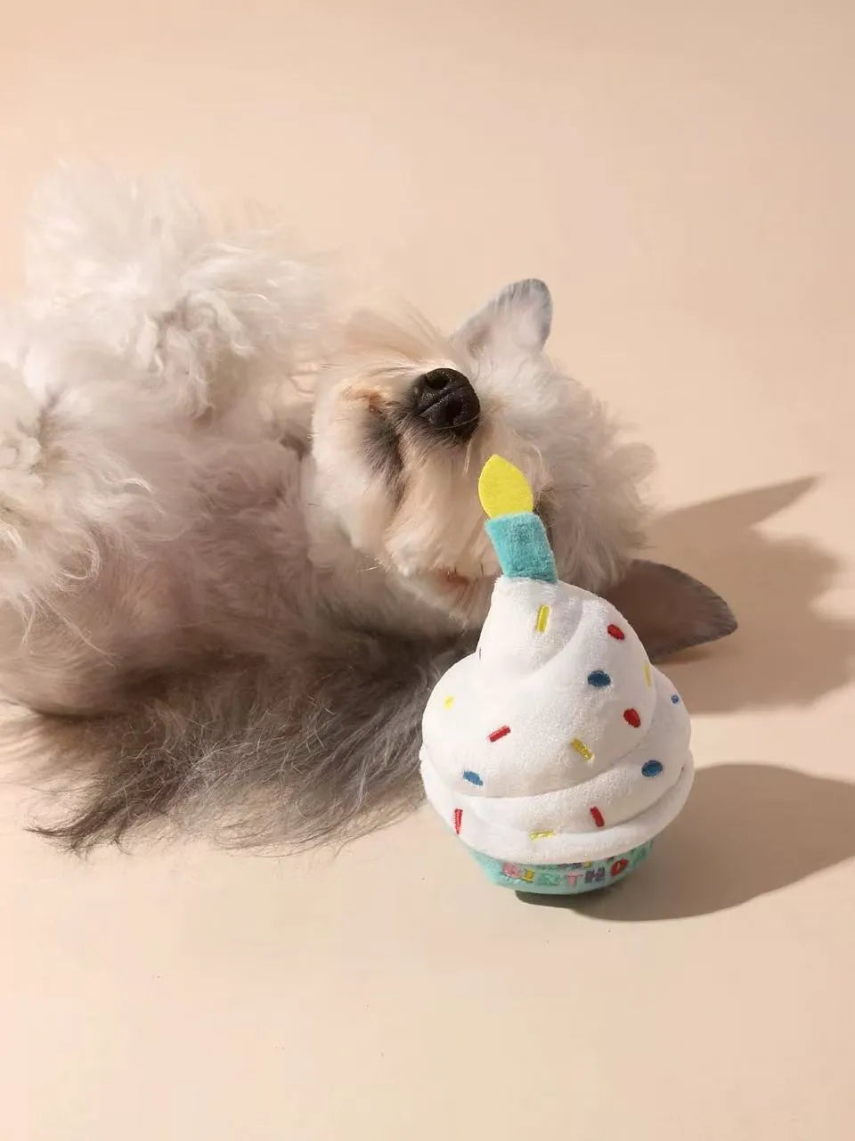 Dog tearing plush birthday cake toy