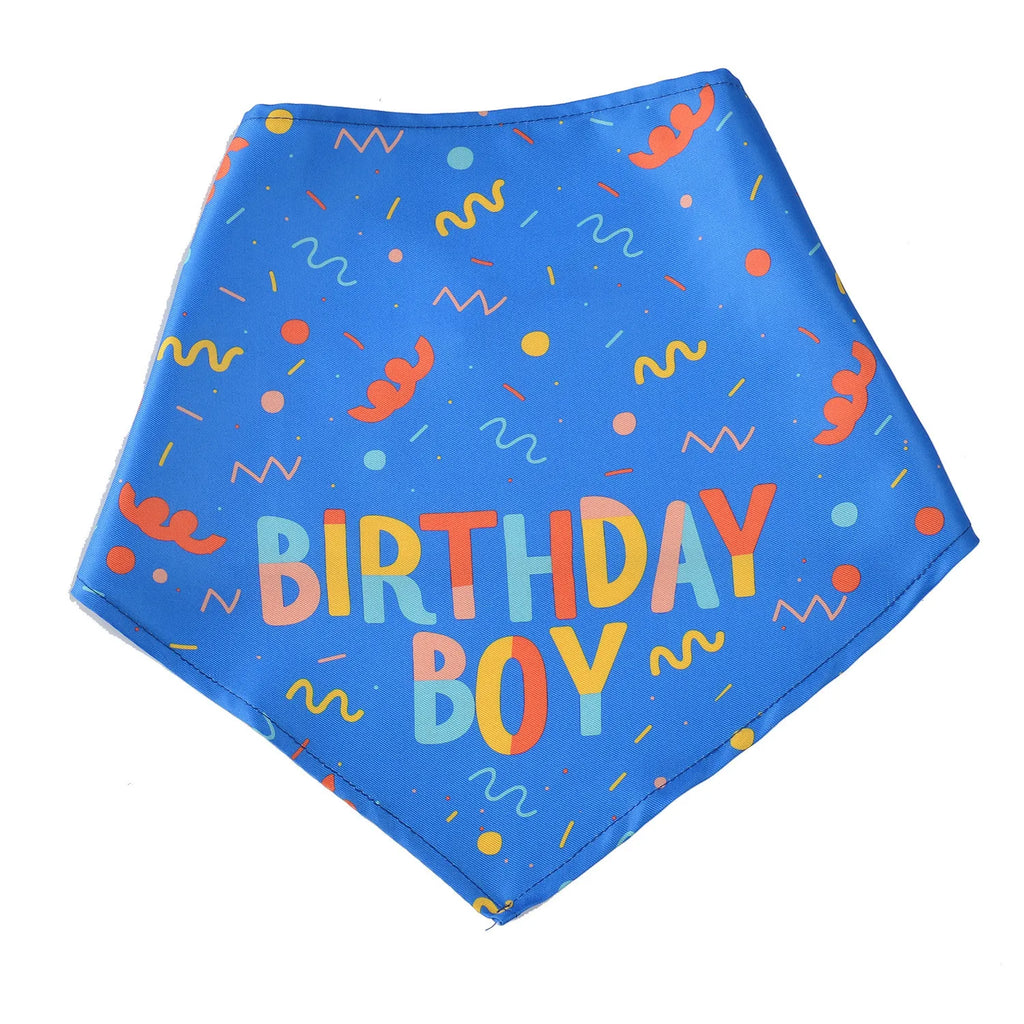 Blue birthday dog bandana flat lay
