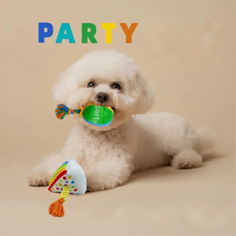 Puppy lying next to birthday toy set