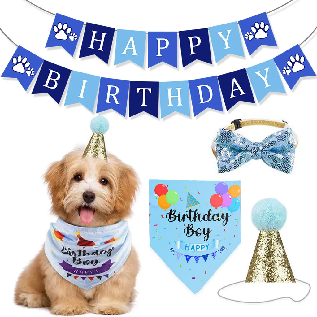 Blue birthday party decoration set for dogs with banner, hat, and bow tie