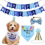 Blue birthday party decoration set for dogs with banner, hat, and bow tie