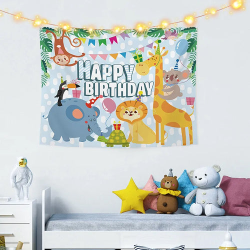 Blue cartoon birthday backdrop with cake and animals