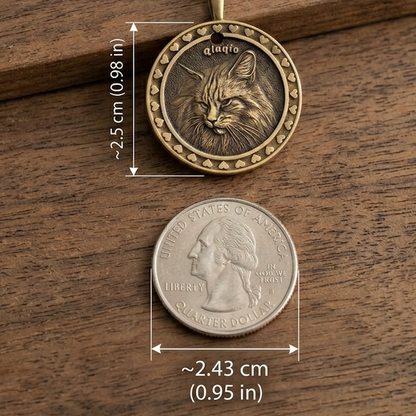 Bronze pet relief pendant size comparison — approximately 2.5 cm diameter, shown next to a US quarter for scale