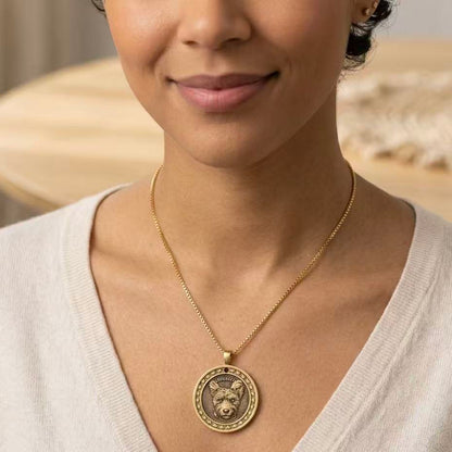 Woman wearing custom bronze pet portrait pendant as necklace