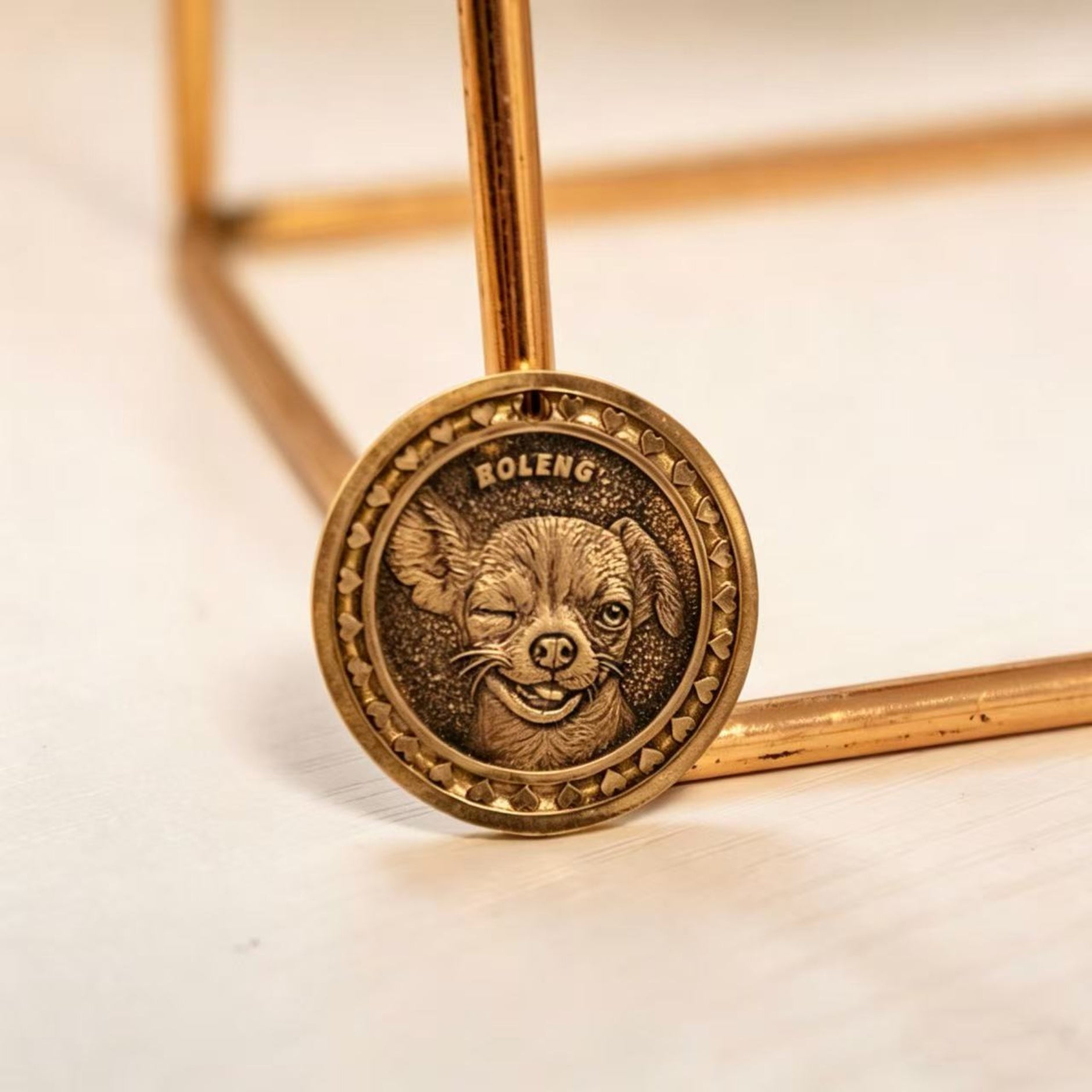 Custom 3D bronze pet relief pendant with heart border detail