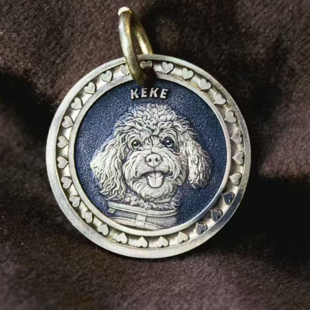 Custom 3D bronze pet relief pendant with heart border detail