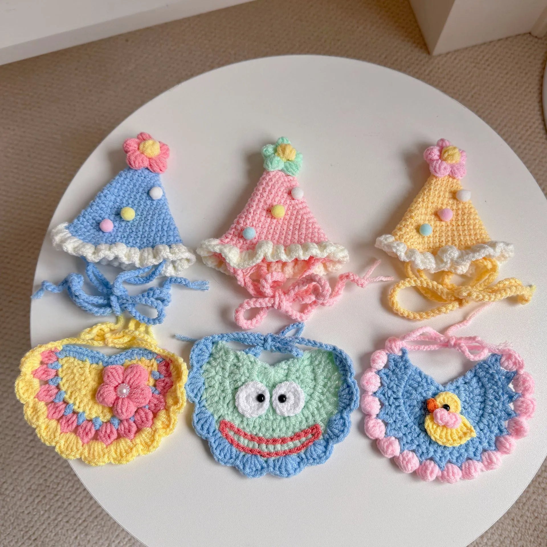 Colorful knitted birthday hats set for pets