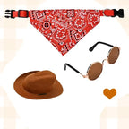 Pet cowboy hat, red bandana, and round sunglasses laid out together