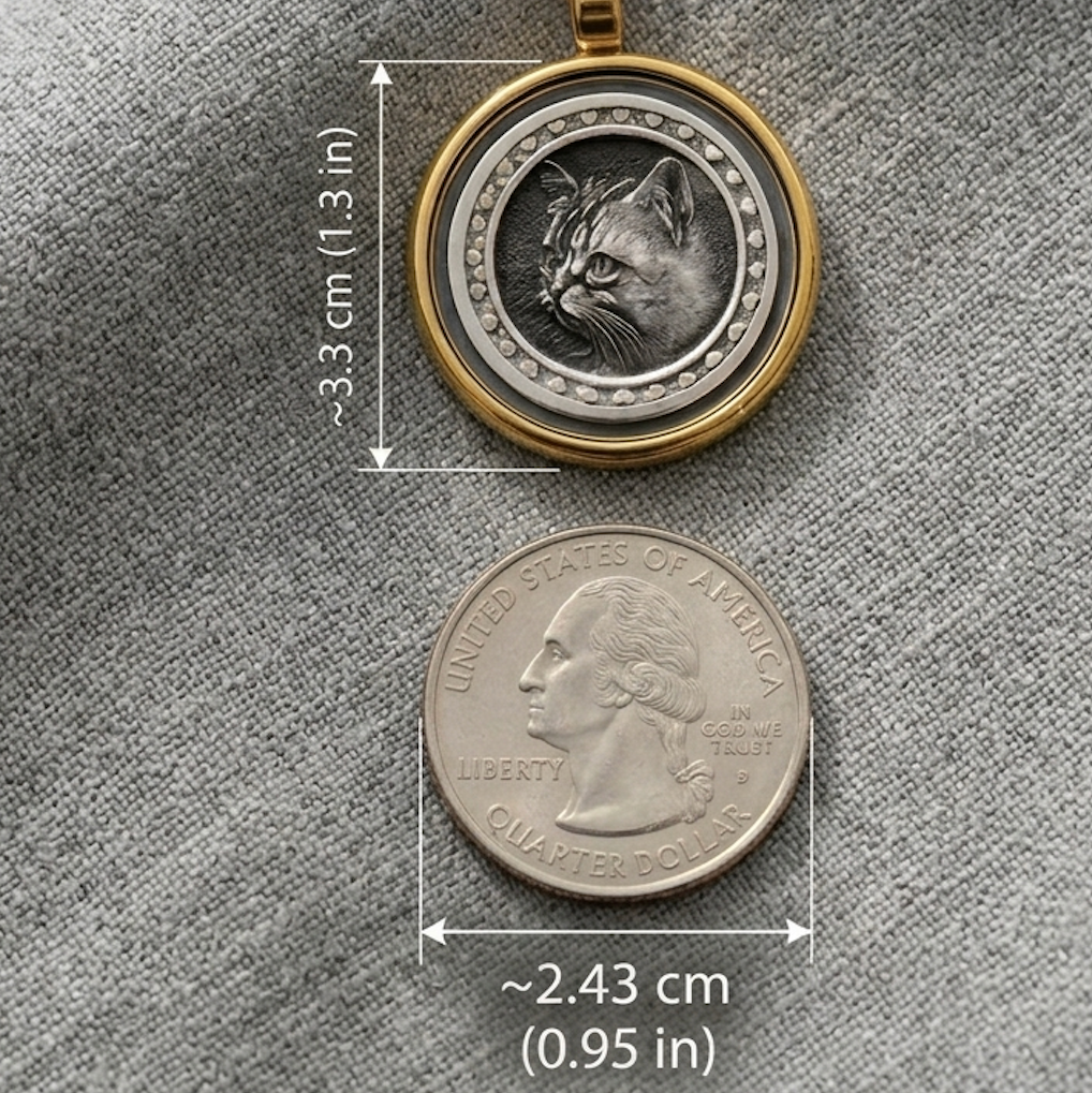 Bronze pendant with glass display case size comparison — approximately 3.3 cm diameter case, shown next to a US quarter for scale