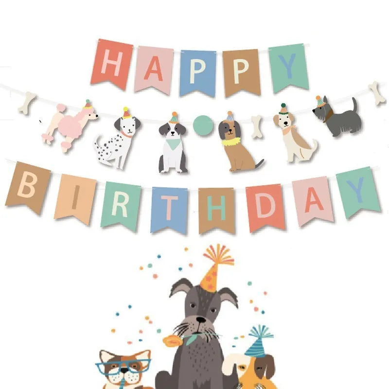 Dog birthday bunting banner set with cake toppers and balloons