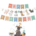 Dog birthday bunting banner set with cake toppers and balloons