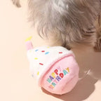 Pet interacting with plush birthday cake toy